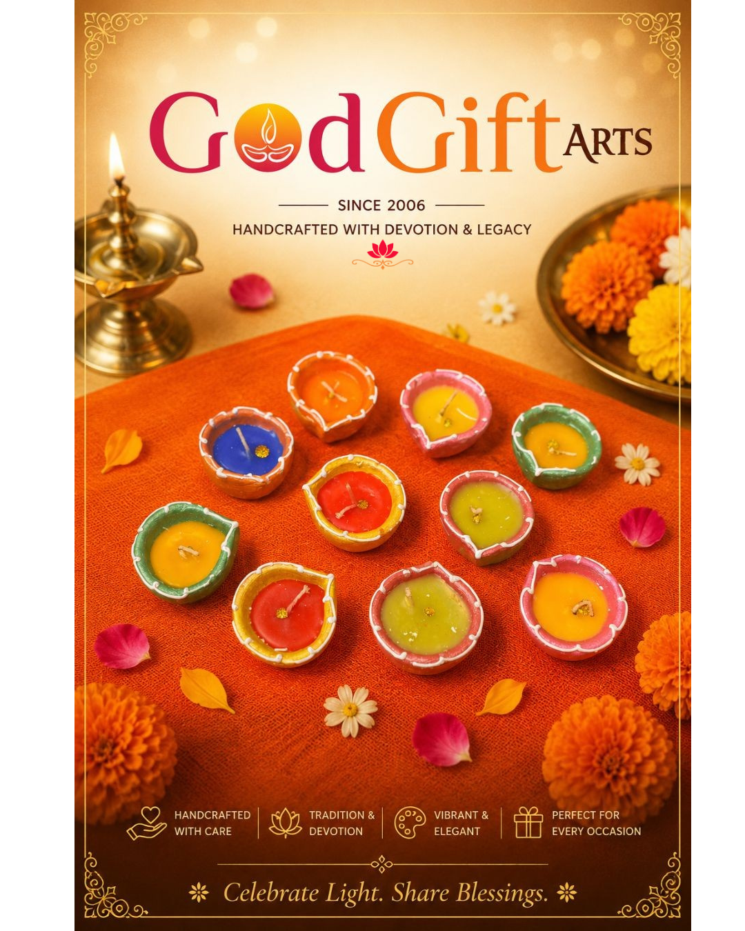 Multicolored Terracotta Diyas with Colourful Wax (Set of 10)