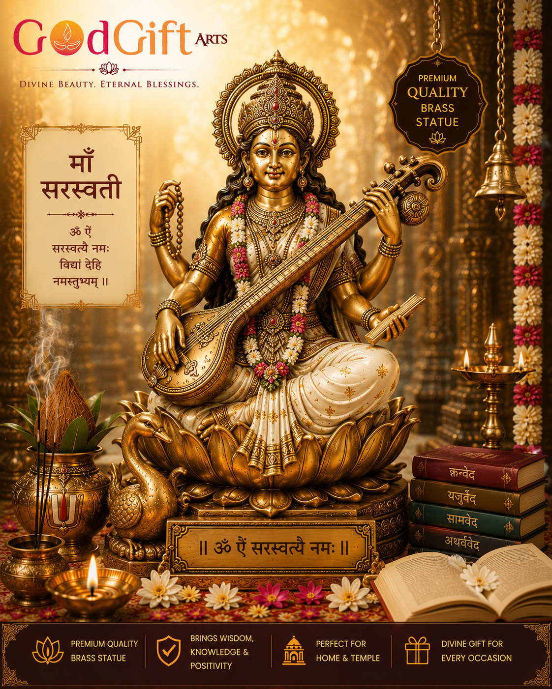 Saraswati Ji Deity Brass Murti/Statue – Premium Goddess of Knowledge & Wisdom Collection by GOD GIFT ARTS