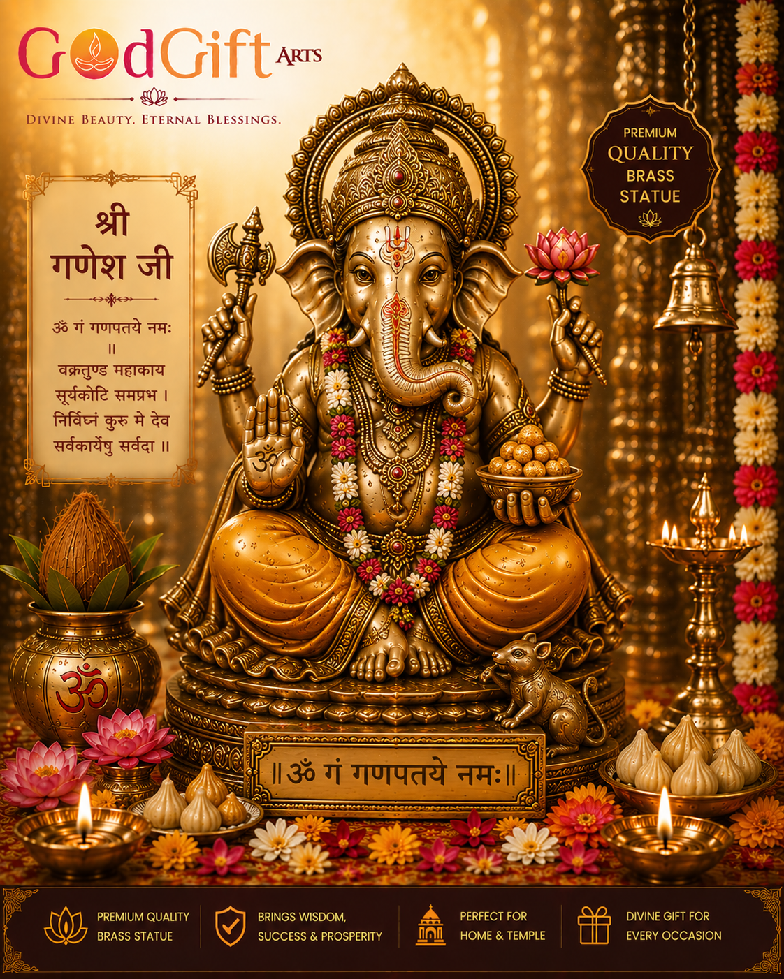 Ganesh Ji Deity Brass Murti/Statue – Premium Divine Wisdom Collection by GOD GIFT ARTS