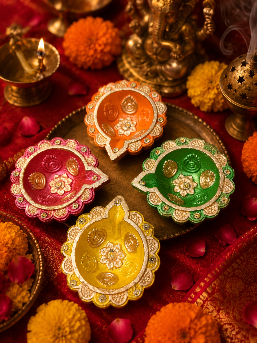 Handpainted Single - Faced Diyas With Gold Stonework Detailing