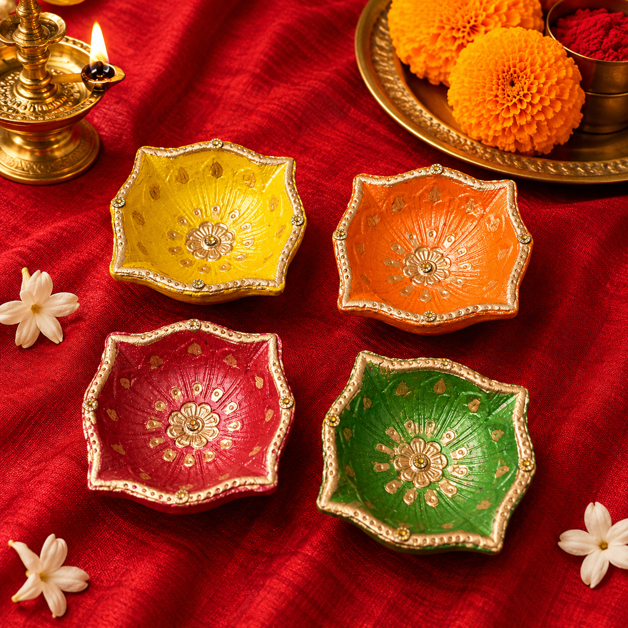 Handcrafted Designer Four Faced Diyas Multicolored (Set of 4)
