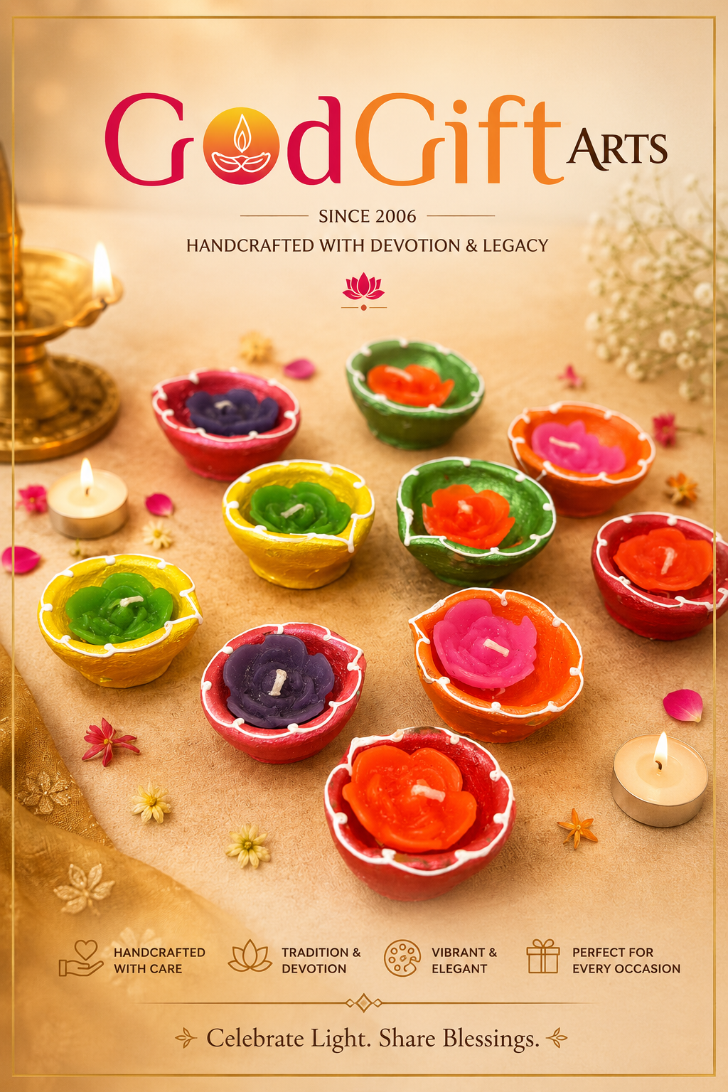 handcrafted multicolor wax diyas, floating rose diyas, multicolor miti diyas, sacred diyas, divali gifting, festive decor