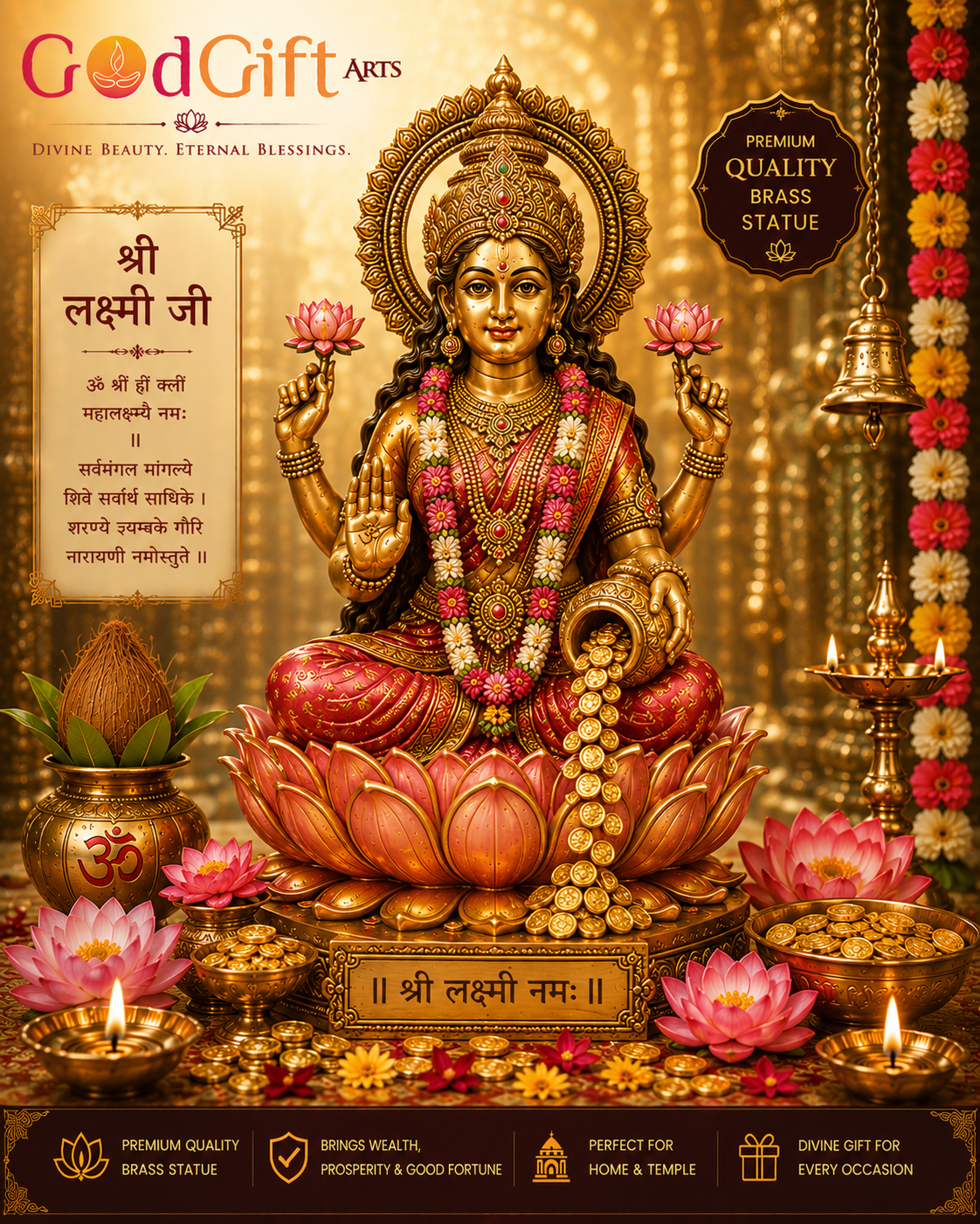 Lakshmi Ji Deity Brass Murti/Statue – Premium Goddess of Wealth & Prosperity Collection by GOD GIFT ARTS