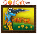 Krishna Folk Art Oil Painting | Handmade Lord Krishna Wall Art | God Gift Arts (With Frame)