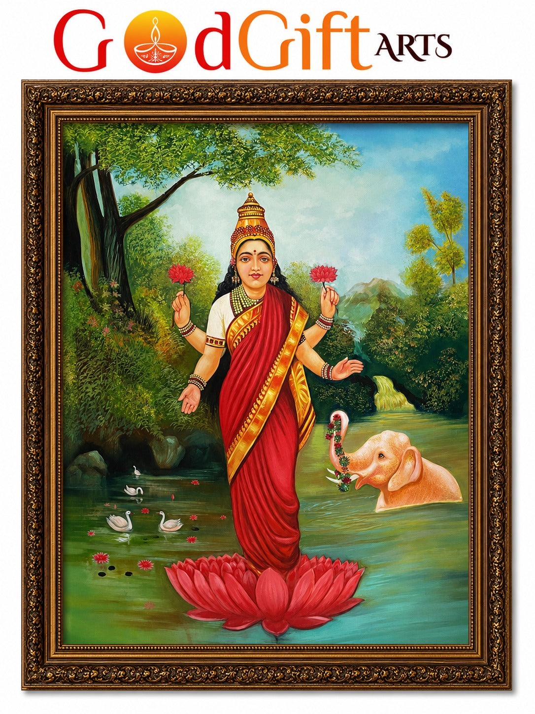 Divine Maha Lakshmi Oil Painting - Prosperity and Abundance (with Frame)