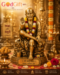 Gold-colored statue of a revered figure with decorative elements and 'GodGift Arts' branding.