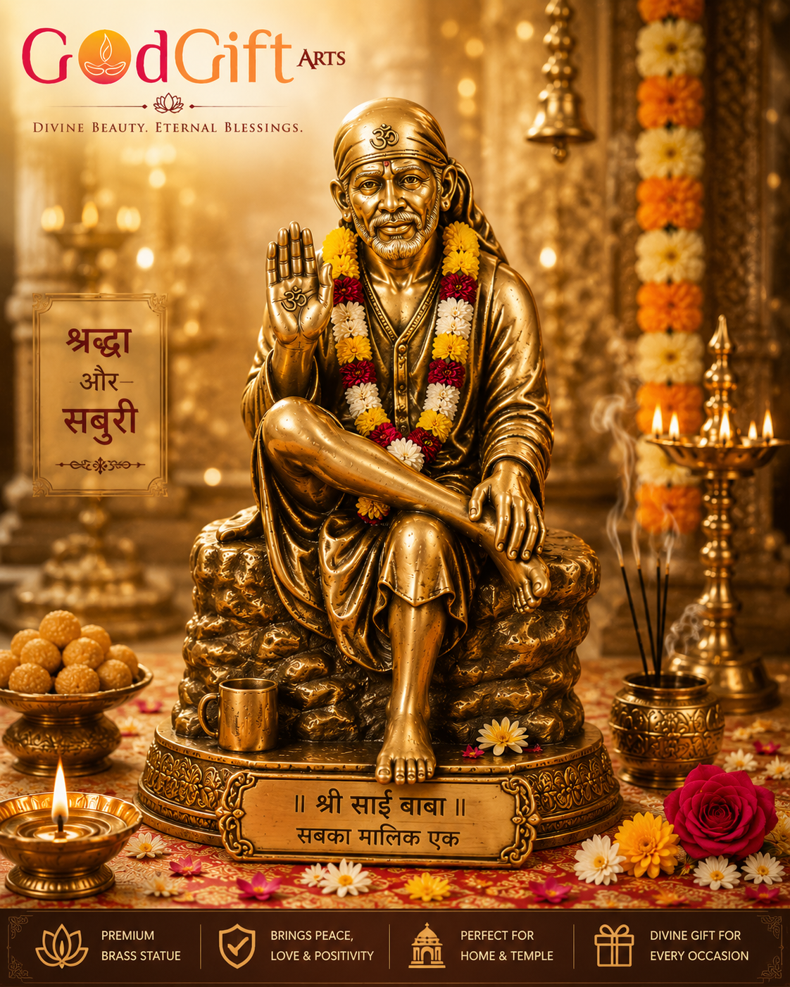 Gold-colored statue of a revered figure with decorative elements and 'GodGift Arts' branding.