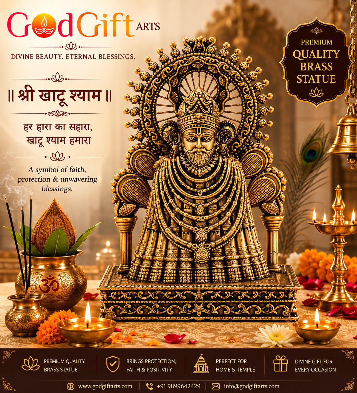 Khatu Shyam Ji Brass Statue | Shyam Baba Murti for Home Temple | God Gift Arts